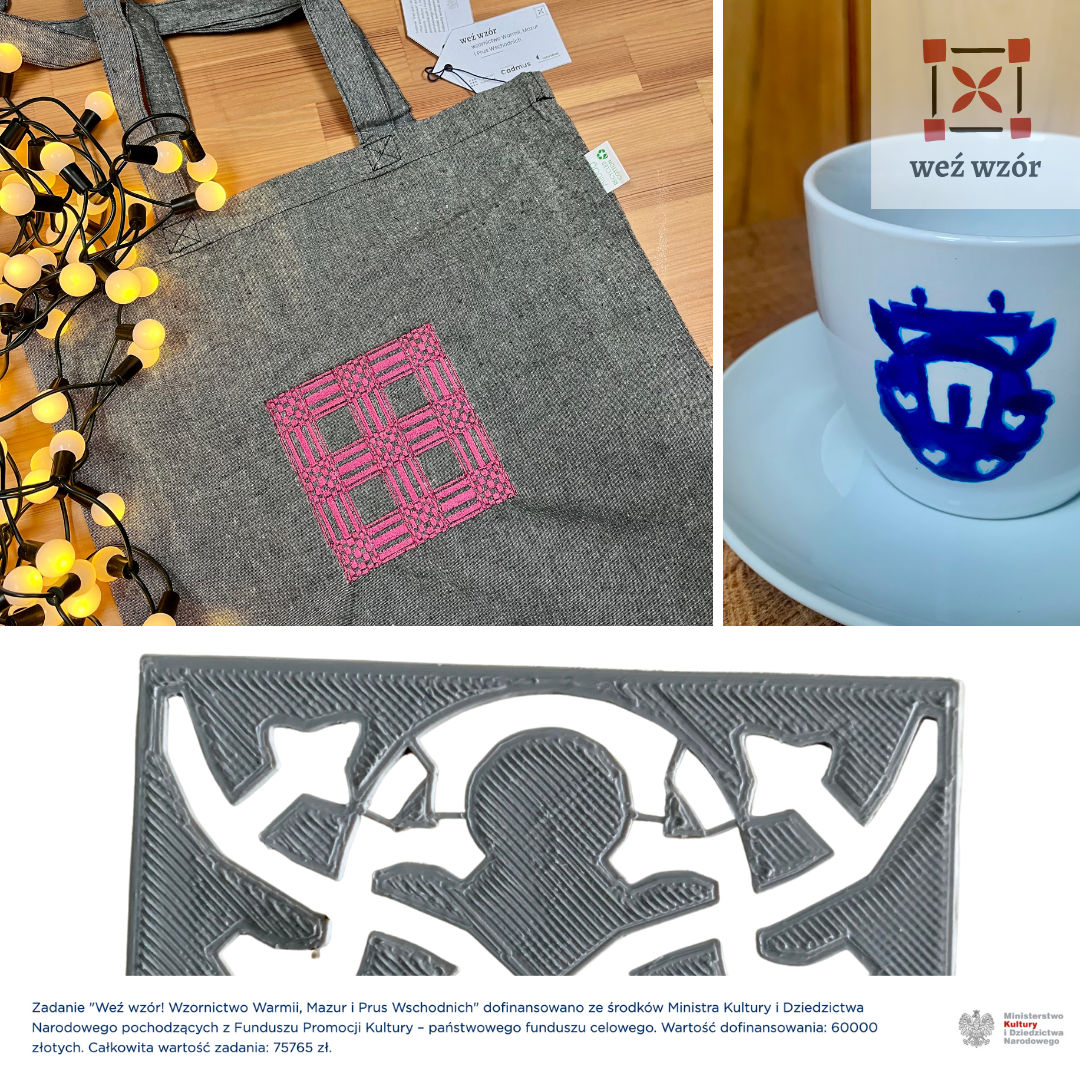 Zdjęcia prototypów projektu Weź wzór: torba z haftem, filiżanka z nadrukiem, szablon wydrukowany w 3d